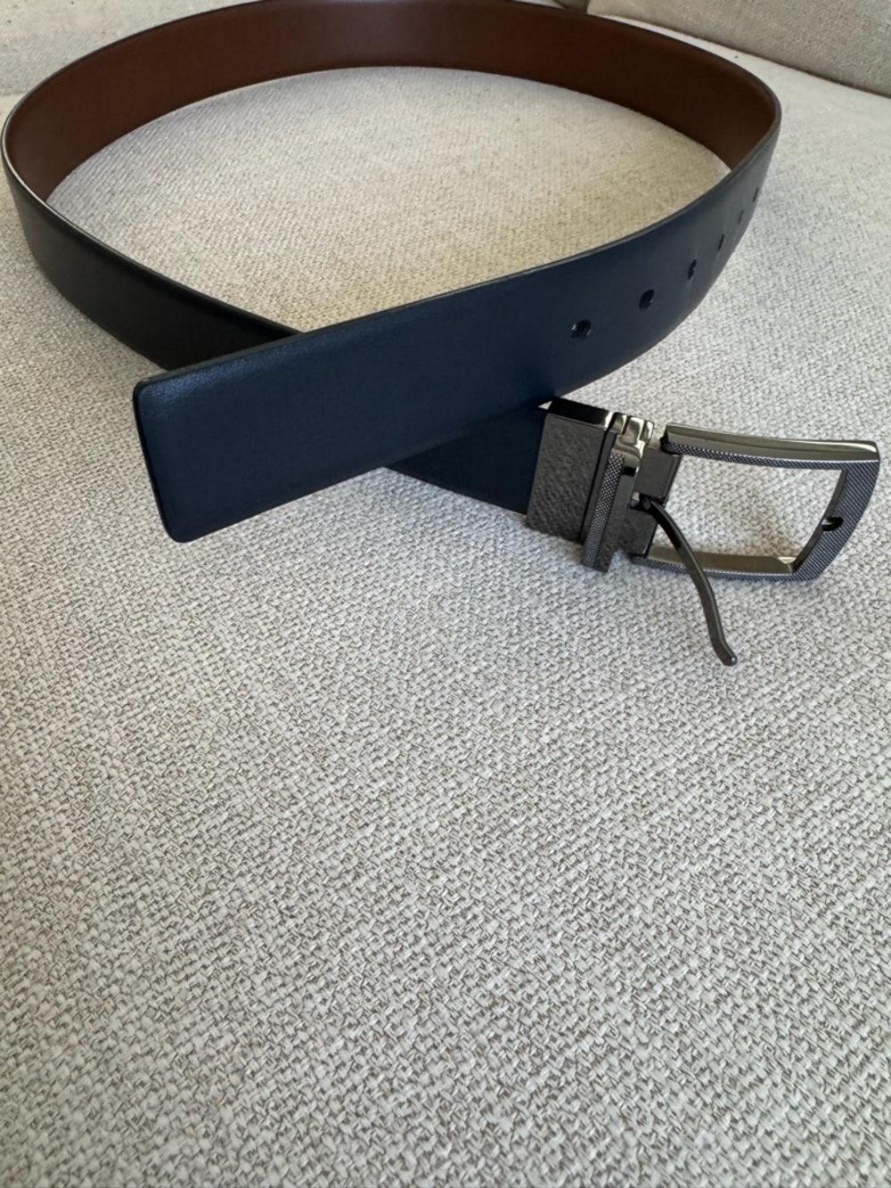 Perry Ellis Reversible Blue and Brown Leather Dress Belt with Gunmetal Buckle